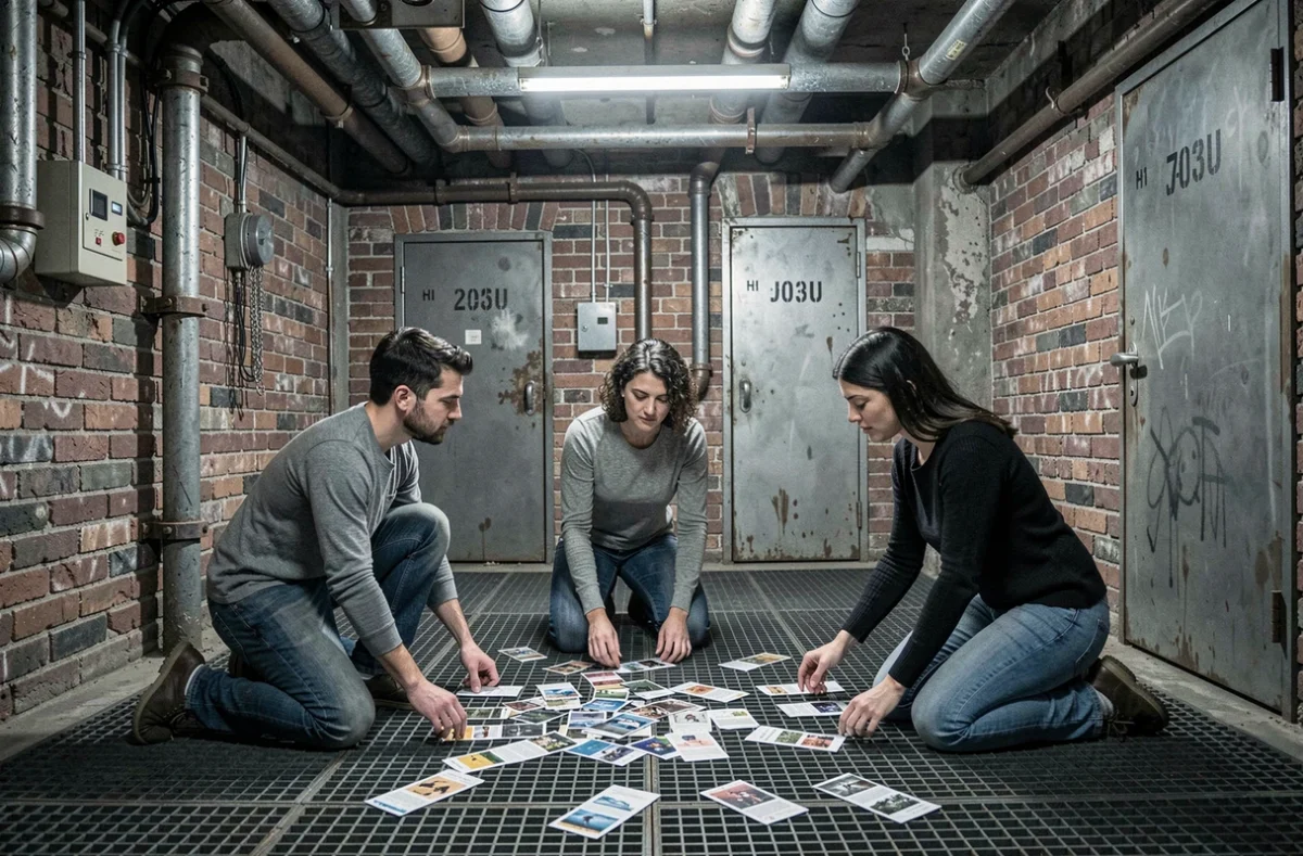 Trois joueurs résolvant des défis dans une salle au décor de bunker industriel de 22 Ter Terre à Lyon