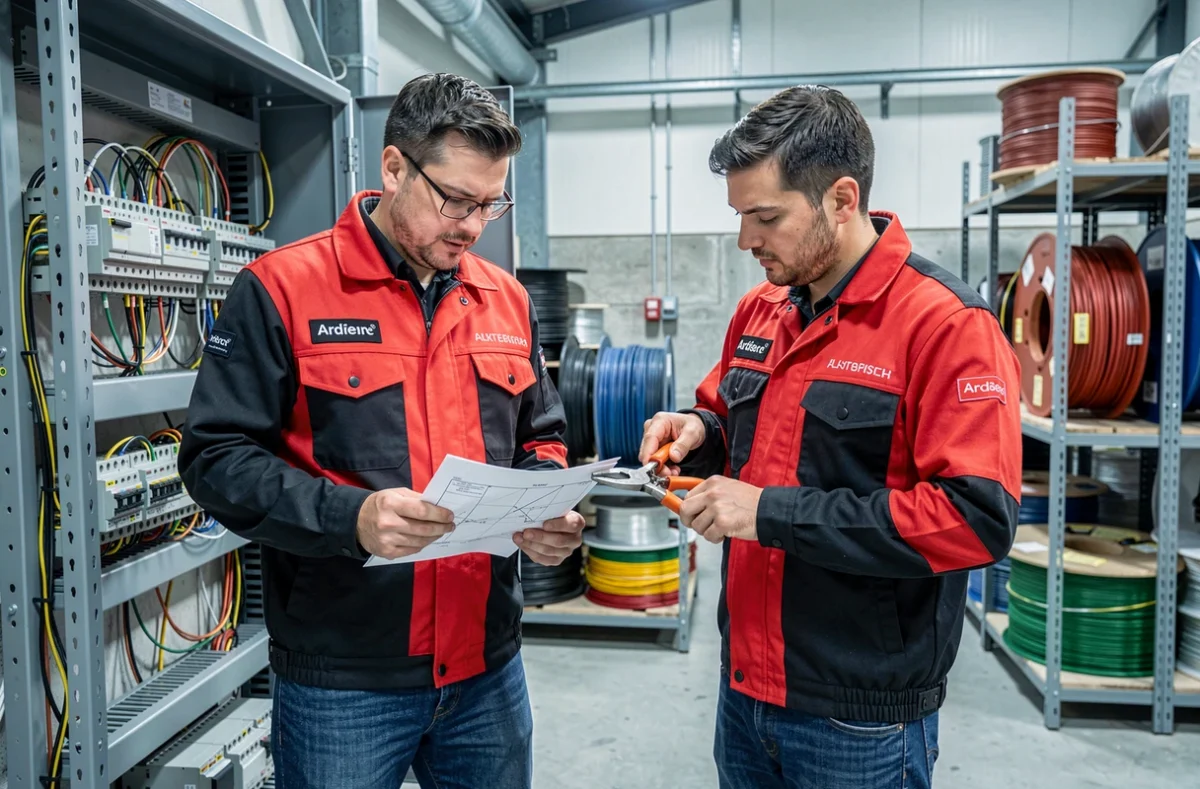 Deux techniciens 2R Elec travaillant sur un tableau de distribution électrique dans un atelier industriel ardéchois