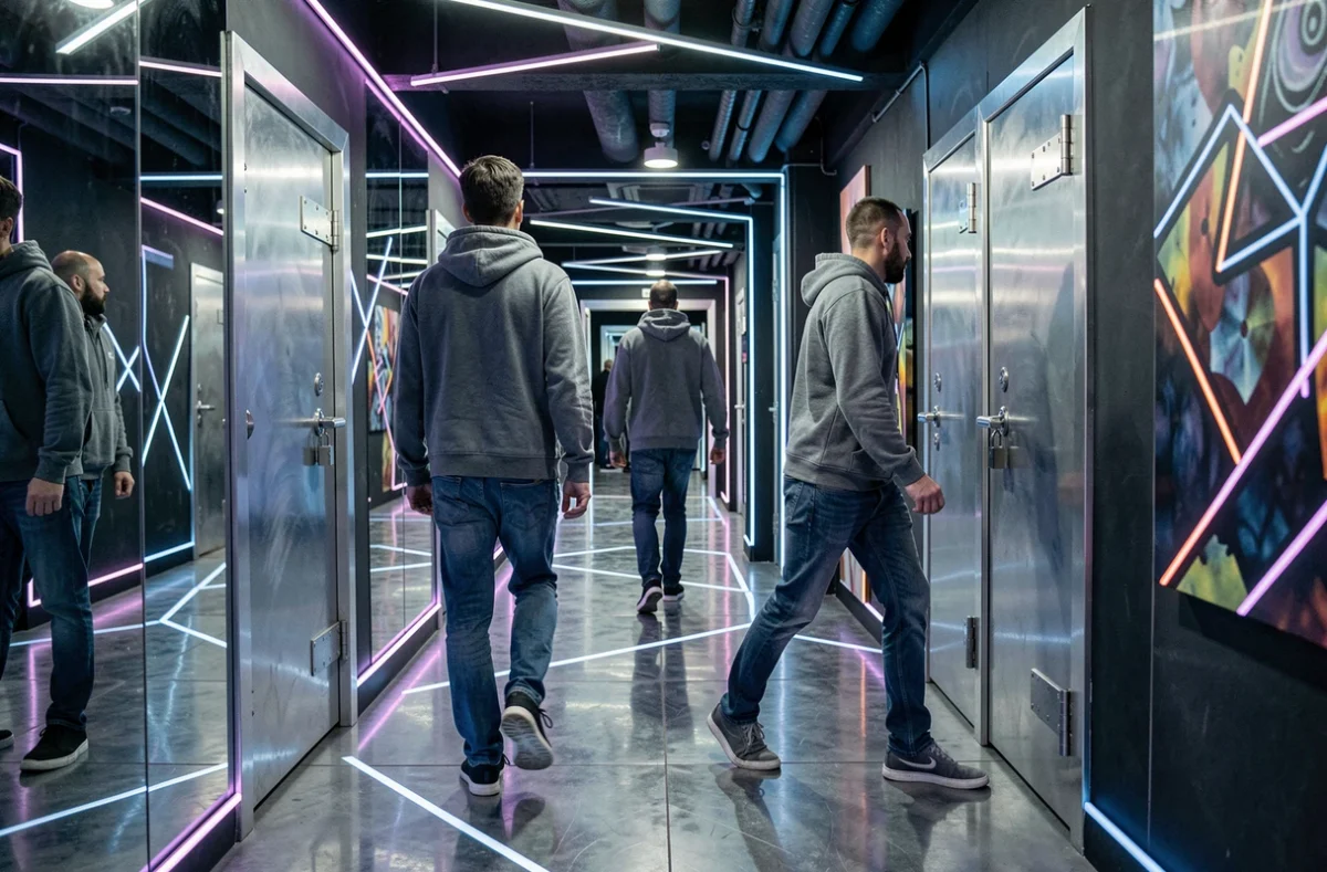 Trois participants traversant un couloir labyrinthique aux murs en miroir dans l'escape room A Maze In Game à Lyon