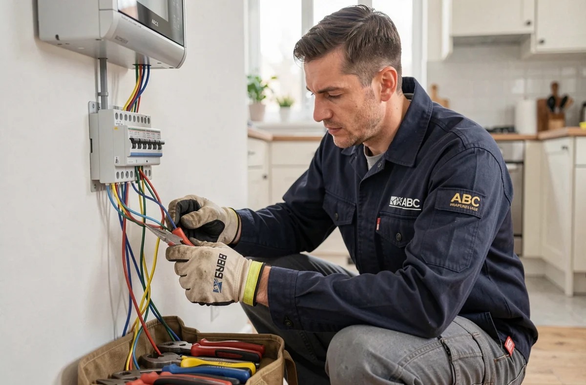 Technicien ABC Electr-Eau en intervention sur un tableau électrique dans une maison en Ardèche