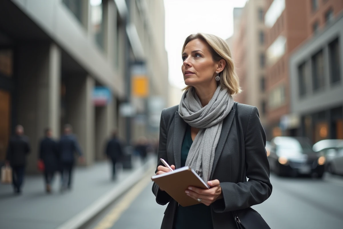 Actrice en tenue élégante dans une rue urbaine