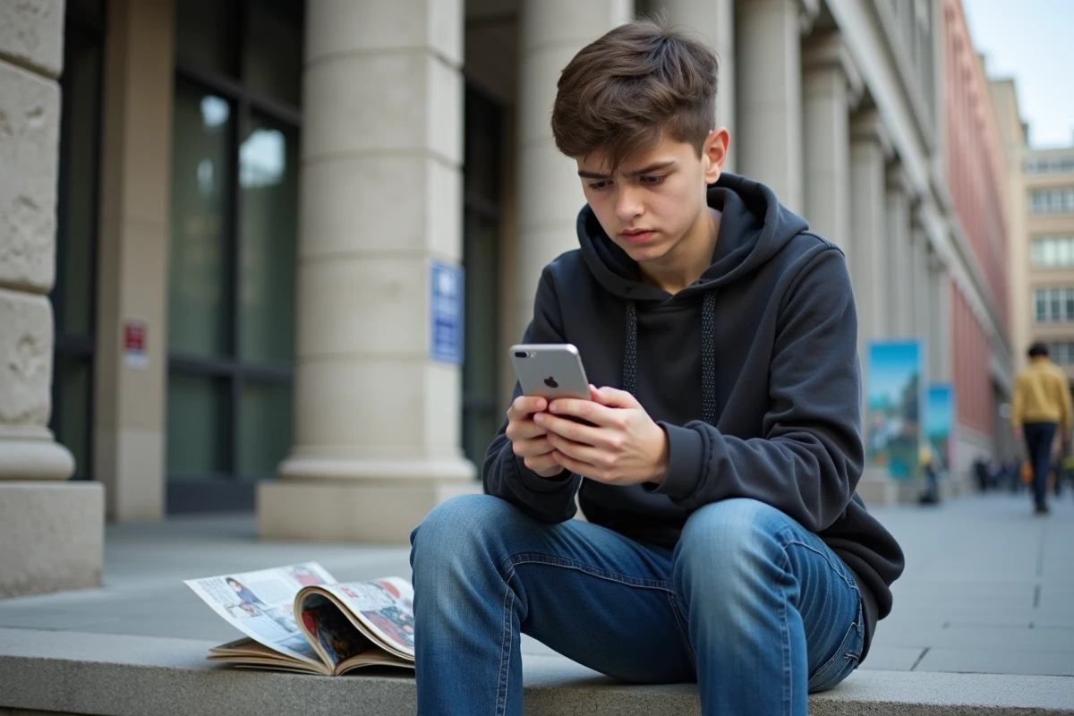 Adolescent regardant son smartphone en extérieur près d une bibliothèque