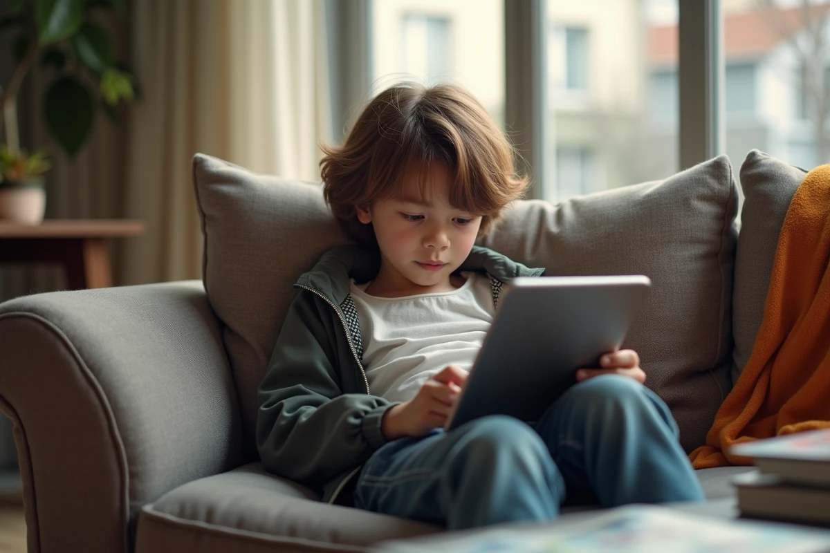 Adolescent lisant manga sur tablette dans un salon moderne