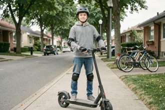 Adolescent avec casque et équipement de protection debout à côté d'une trottinette électrique sur un trottoir urbain