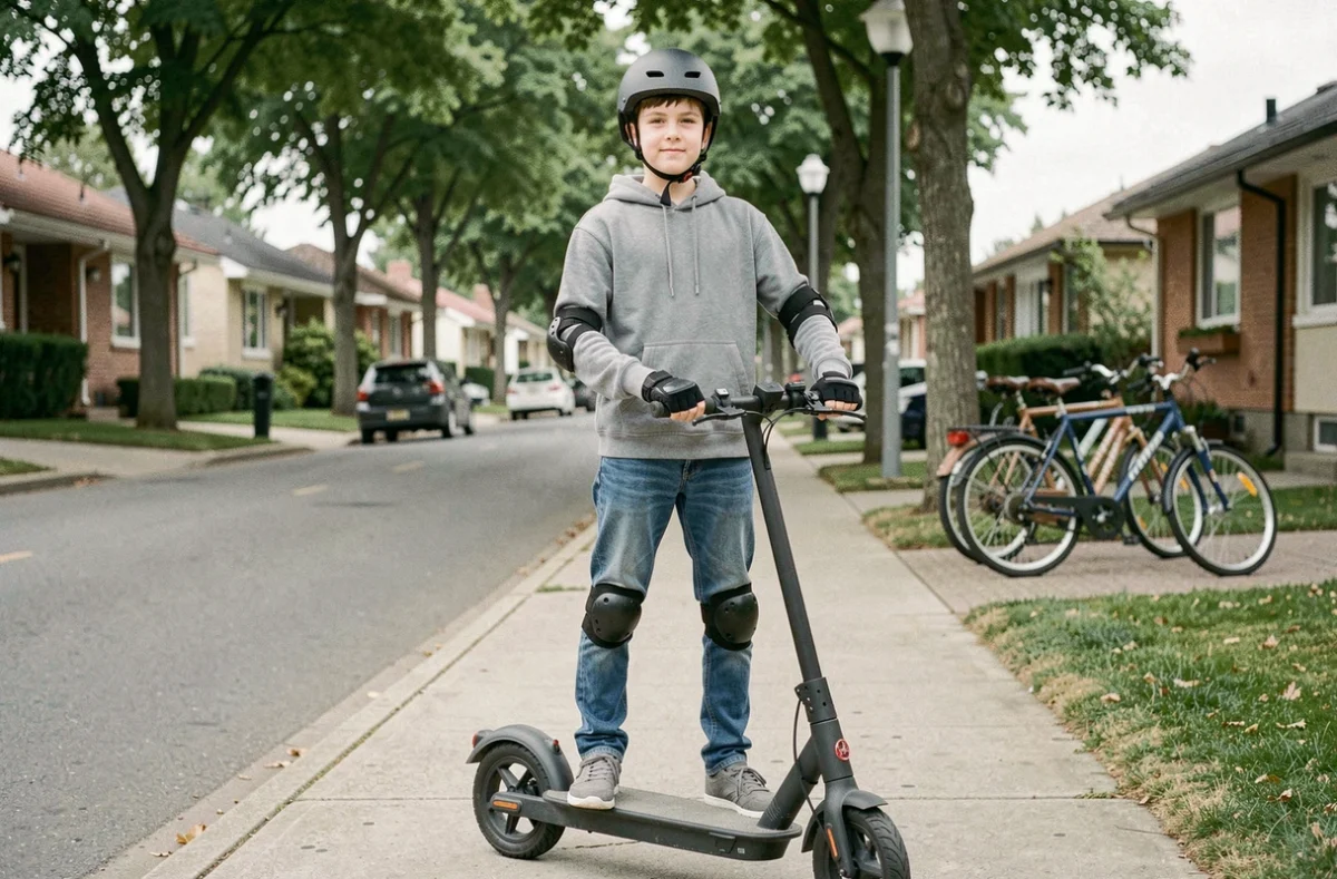 Adolescent avec casque et équipement de protection debout à côté d'une trottinette électrique sur un trottoir urbain