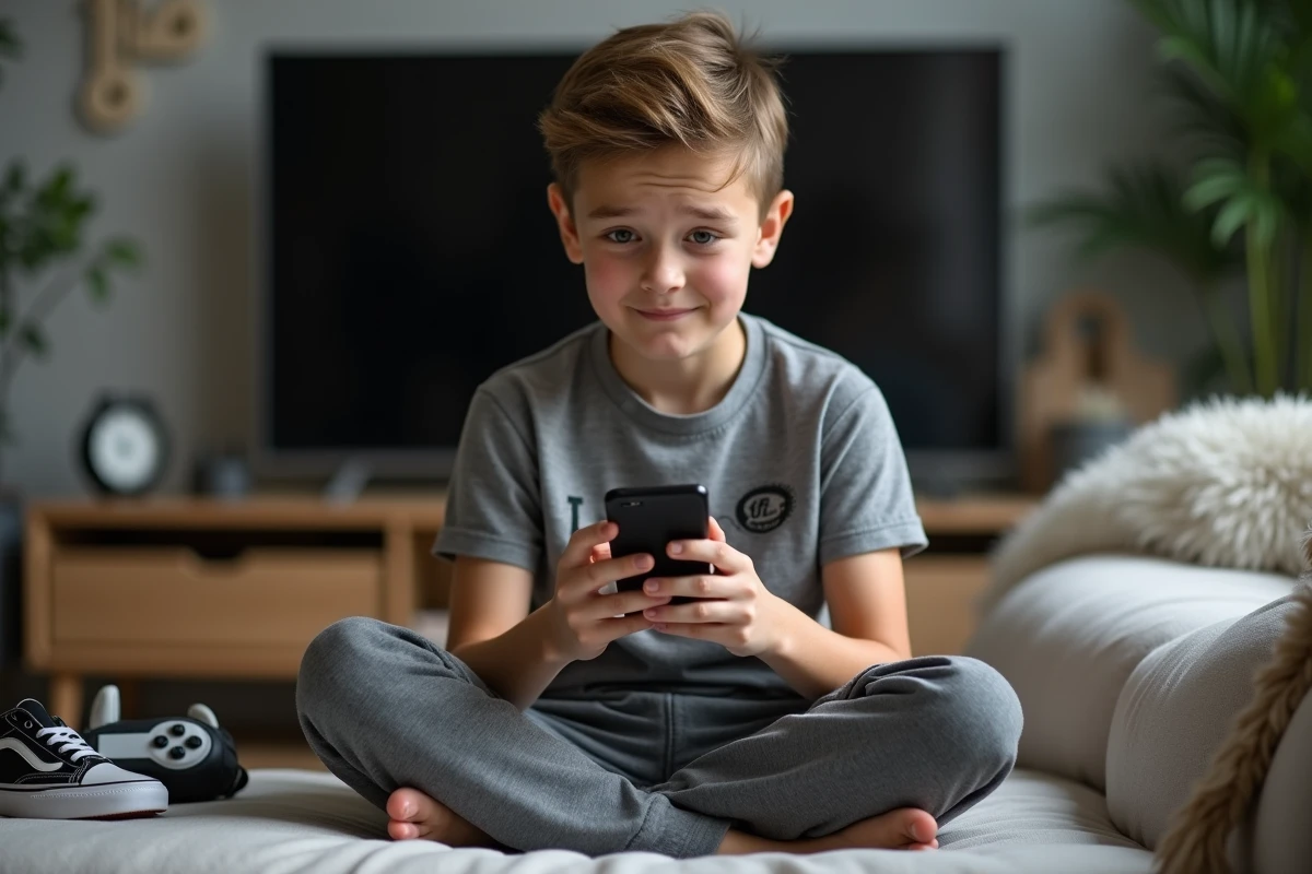 Adolescent confus et amusé qui scrolle des vidéos brainrot sur son smartphone dans un salon moderne