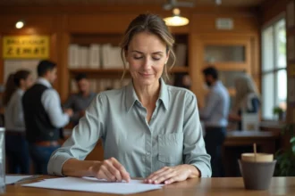 Femme affranchissant une lettre au guichet d'un bureau de poste français en 2026