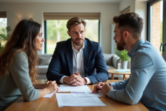Agent immobilier en costume avec couple et documents