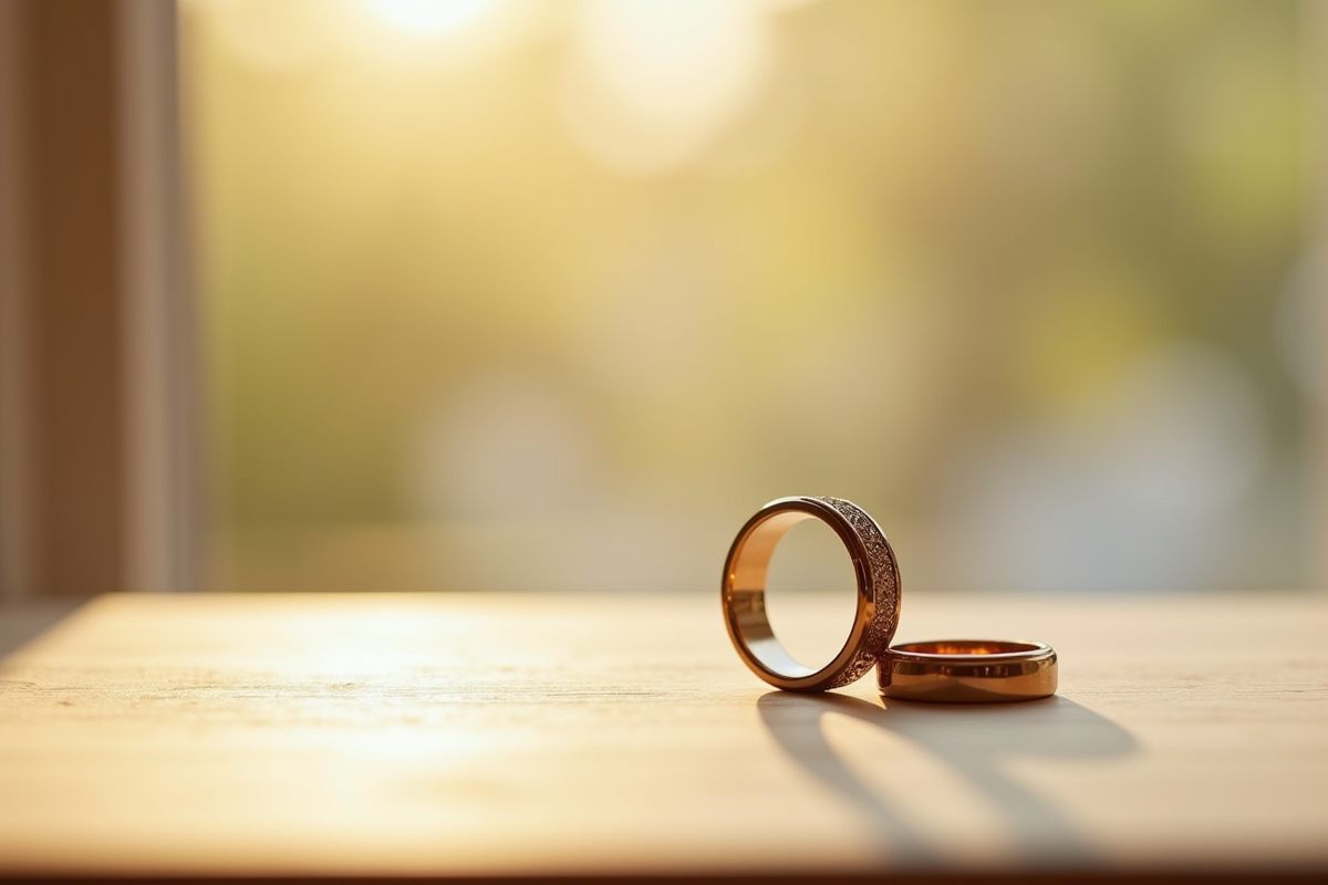 Alliances de mariage sur une table en bois au matin