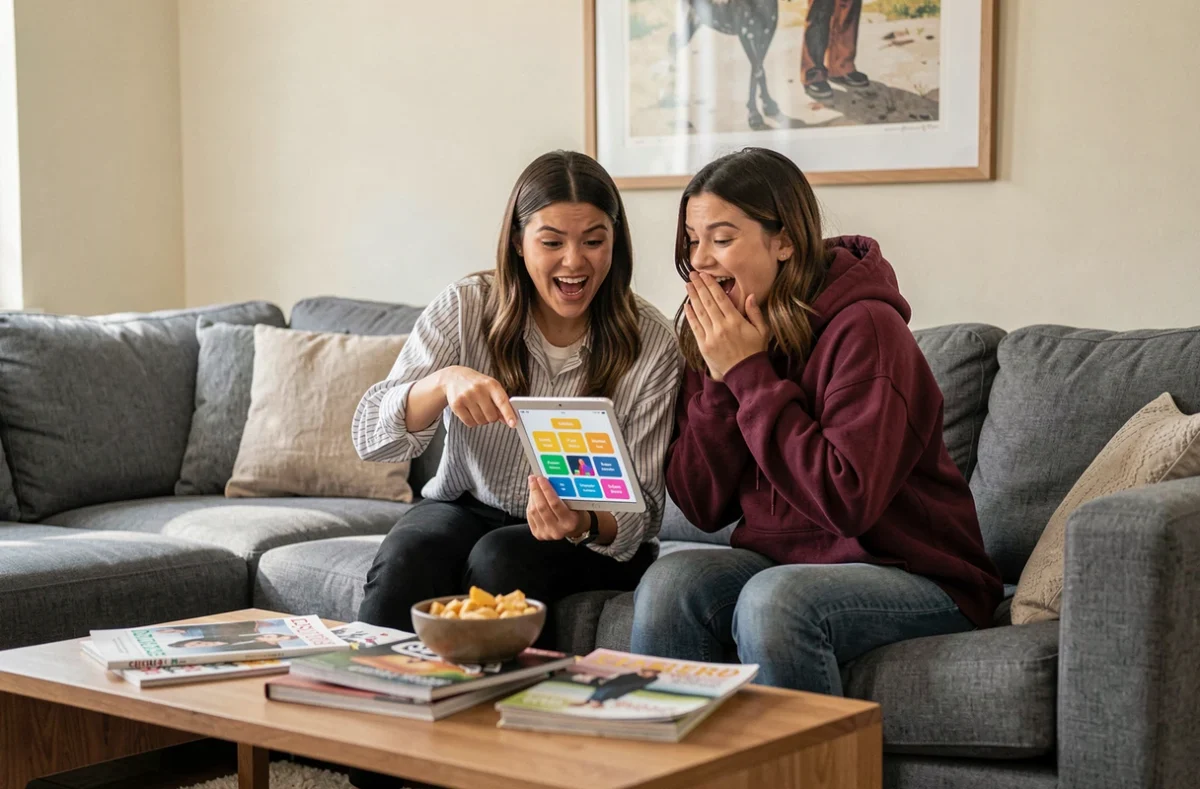 Deux amies jouant ensemble à Cemantrix sur une tablette dans un salon, réaction de surprise et rires partagés