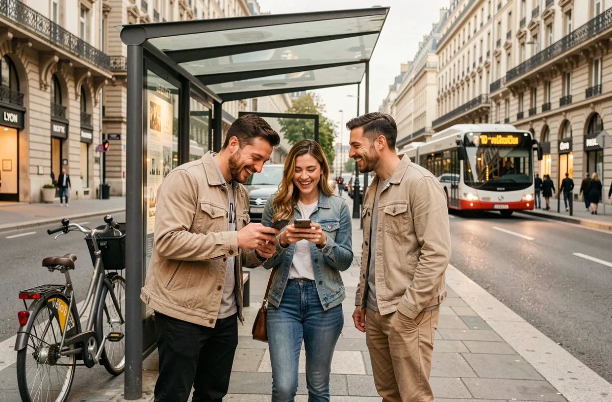 Groupe d'amis attendant le bus TCL un week-end soir à Lyon en consultant leur téléphone
