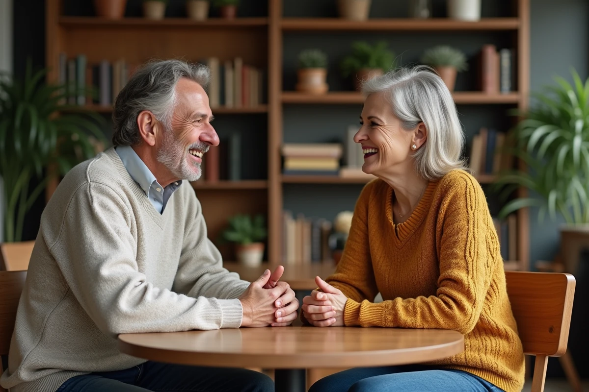 Deux amis assis dans un café chaleureux souriant