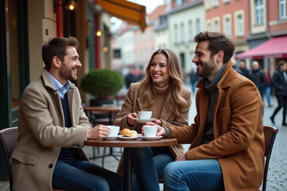 Trois amis dégustant des pâtisseries en terrasse à Lille