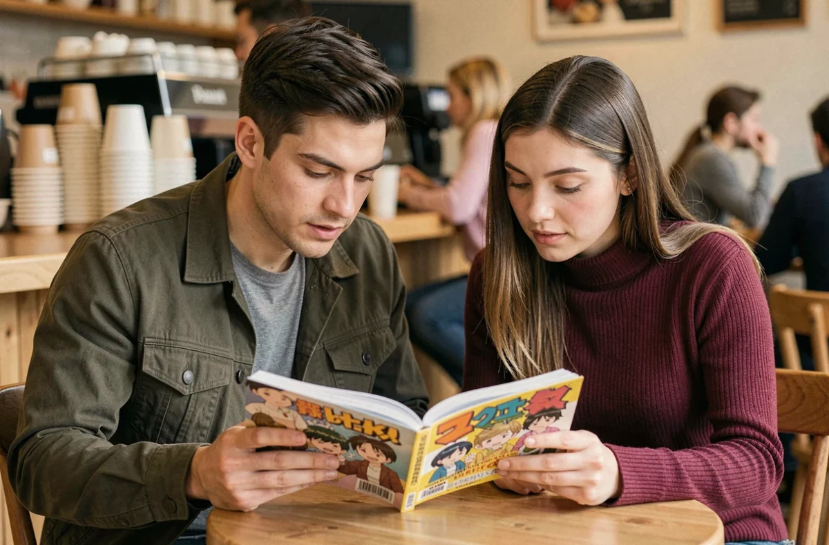 Deux amis lisant ensemble un scan de manga dans un café pour découvrir One Piece avant les spoilers