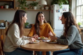 Trois jeunes adultes partageant un repas dans une cuisine chaleureuse