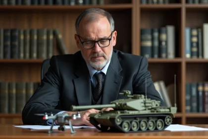 Analyste militaire examinant un modèle de char Leopard 2A