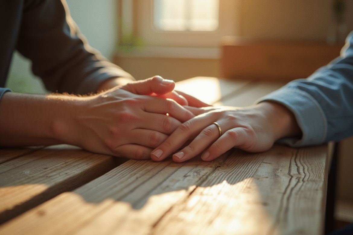Mains d'un couple avec alliances sur une table en bois