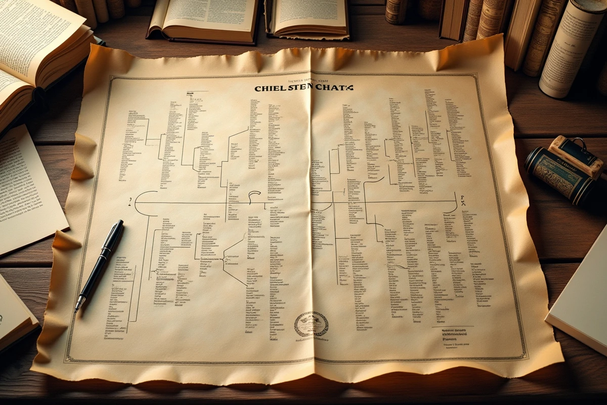 Arbre généalogique manuscrit des dieux grecs de l'Olympe sur parchemin ancien entouré de livres d'histoire