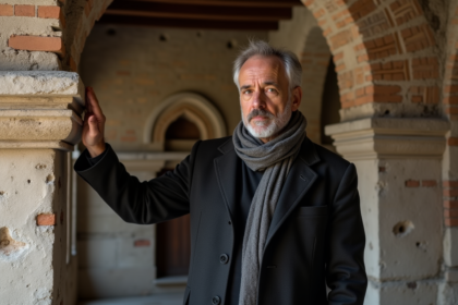 Architecte homme dans un bâtiment historique avec arc en pierre