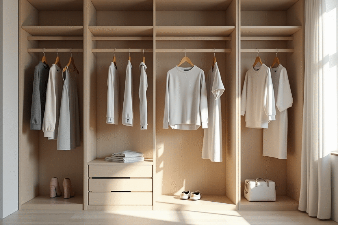 Armoire minimaliste avec vêtements de qualité en tons neutres