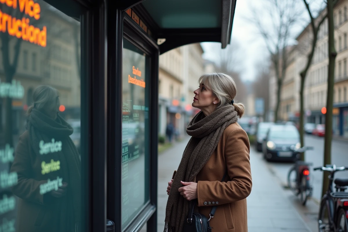 Femme attendant un bus TCL à un arrêt lyonnais pendant une grève, tableau d'affichage indiquant des perturbations de service