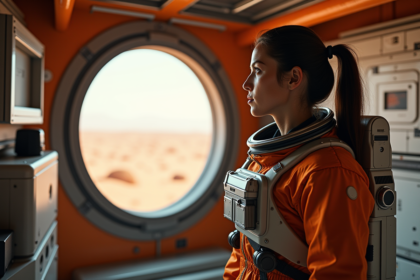 Astronaine femme dans habitat martien contemplant la vue