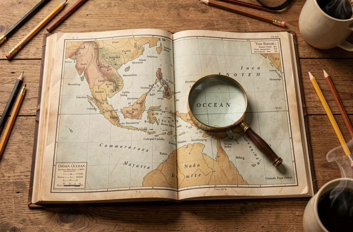 Atlas vintage ouvert sur une carte de l'océan Indien montrant Mayotte et l'archipel des Comores