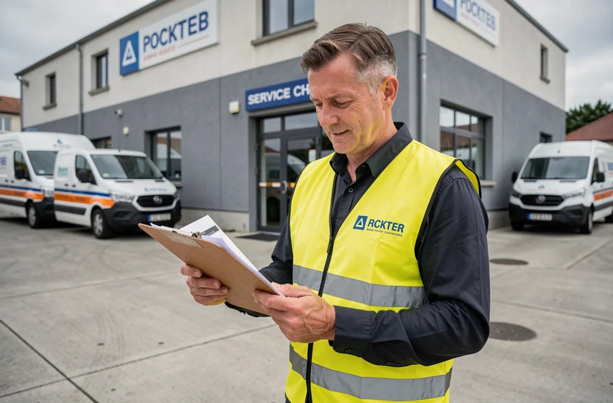 Professionnel BATIMENTOO en gilet de sécurité vérifiant une liste de contrôle de service devant un bâtiment commercial en Nouvelle-Aquitaine
