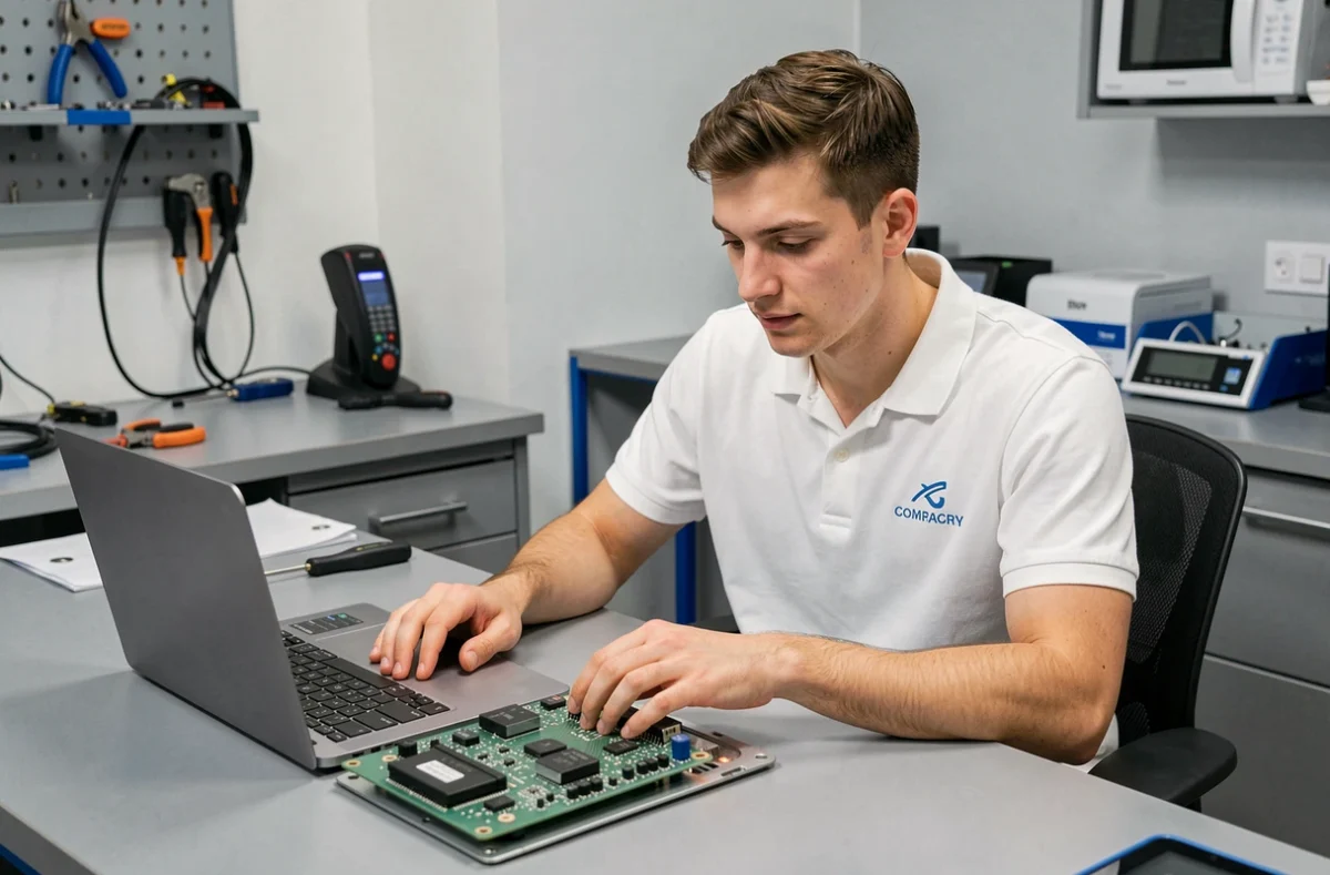 Technicien Baum Technic connectant un ordinateur portable à une carte électronique de four pour un diagnostic professionnel d'électroménager
