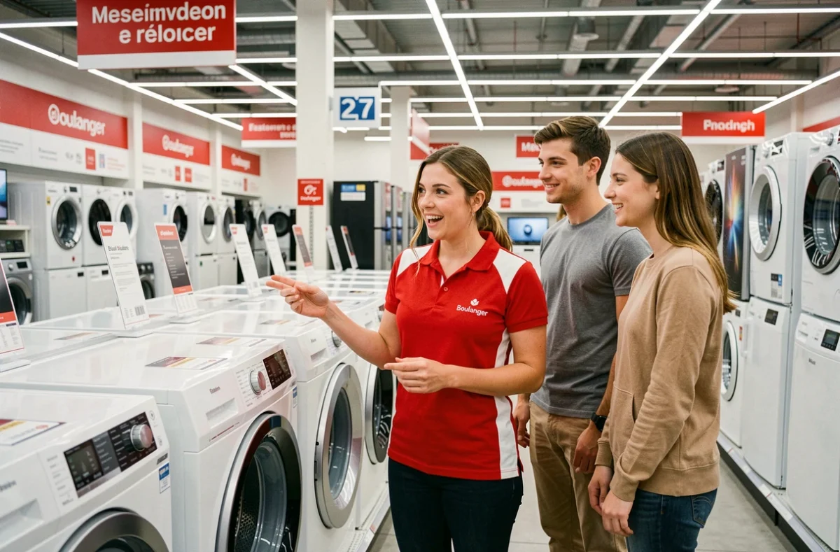 Conseillère de Boulanger Lons présentant un lave-linge à un couple dans un grand magasin d'électroménager