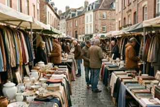 Braderie animée dans une rue pavée du nord de la France avec stands de vêtements et objets vintage
