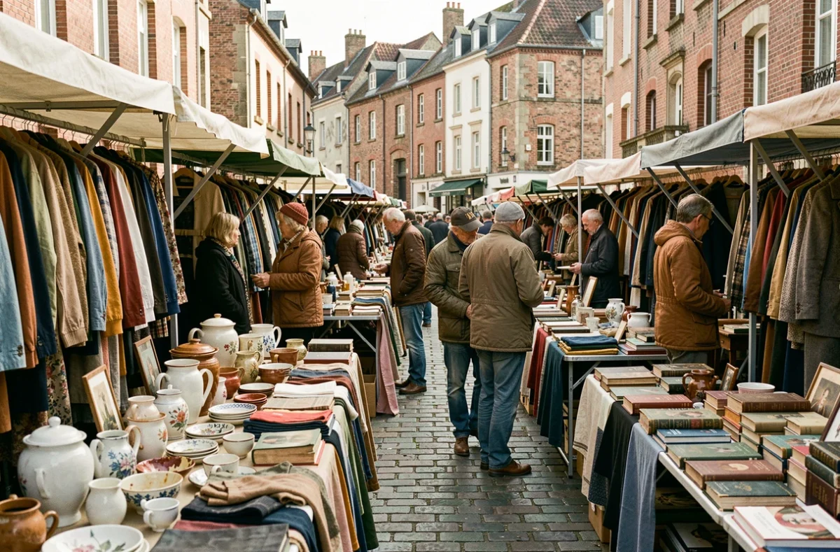 Braderie animée dans une rue pavée du nord de la France avec stands de vêtements et objets vintage