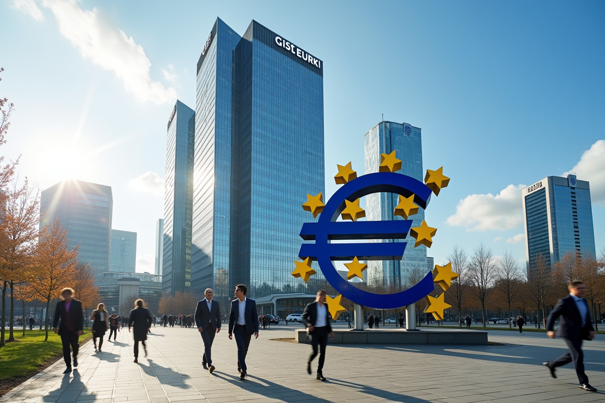 Bâtiment de la BCE avec sculpture euro et passants à Francfort
