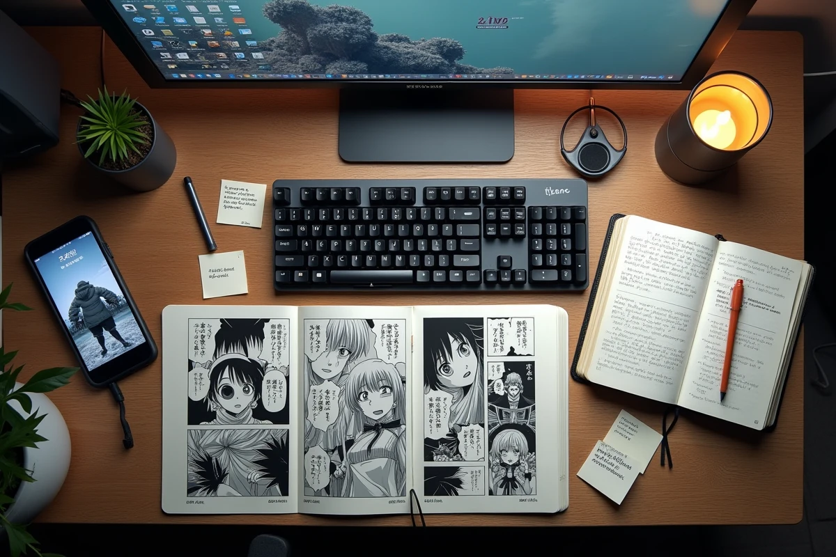 Vue aérienne d'un bureau de fan One Piece avec scans imprimés, smartphone et notes sur l'impact des scans sur l'anime