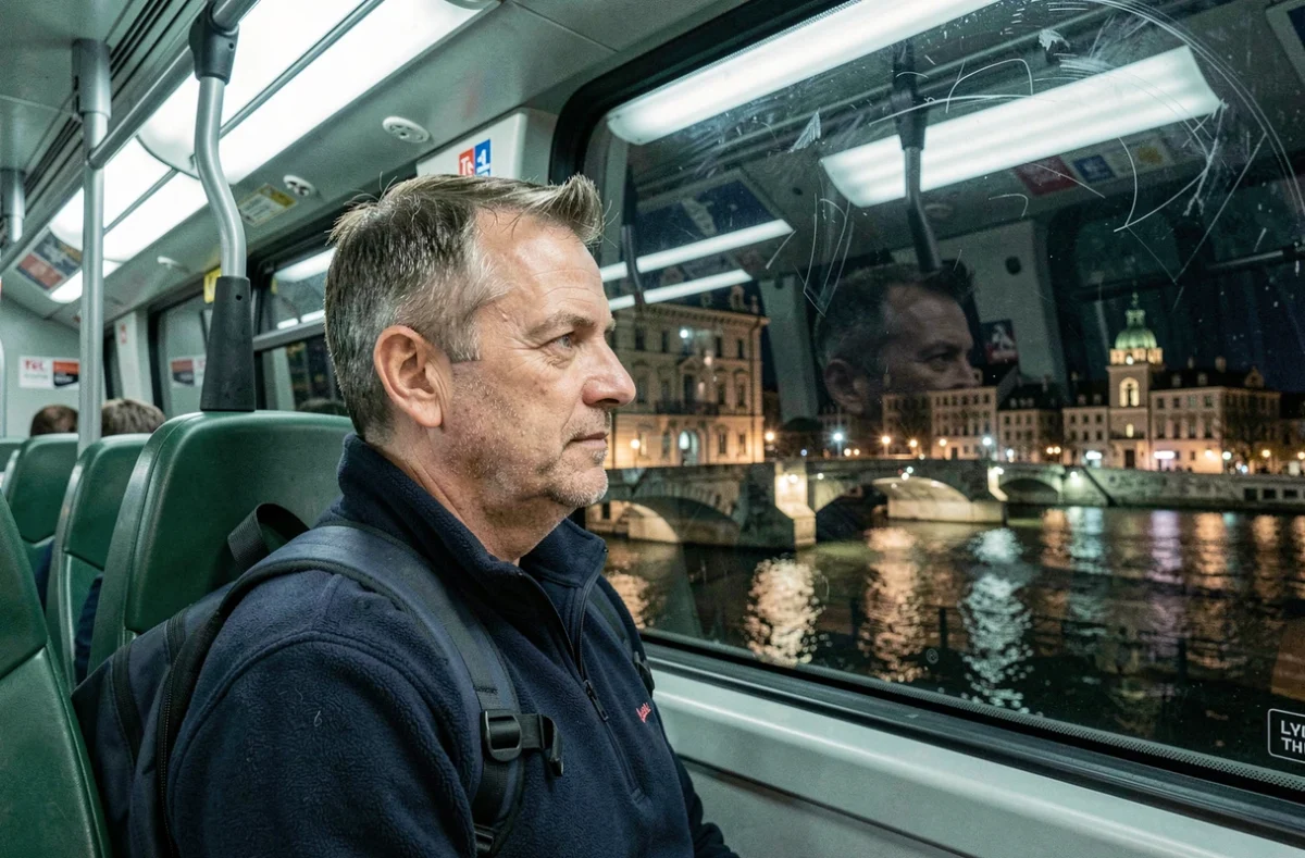 Homme assis dans un bus de nuit TCL à Lyon regardant le paysage urbain par la fenêtre