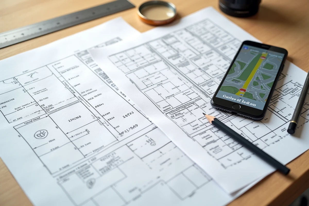 Vue aérienne d'un cadastre officiel, d'un plan imprimé et d'une carte GPS comparés sur une table pour localiser l'impasse des Lilas