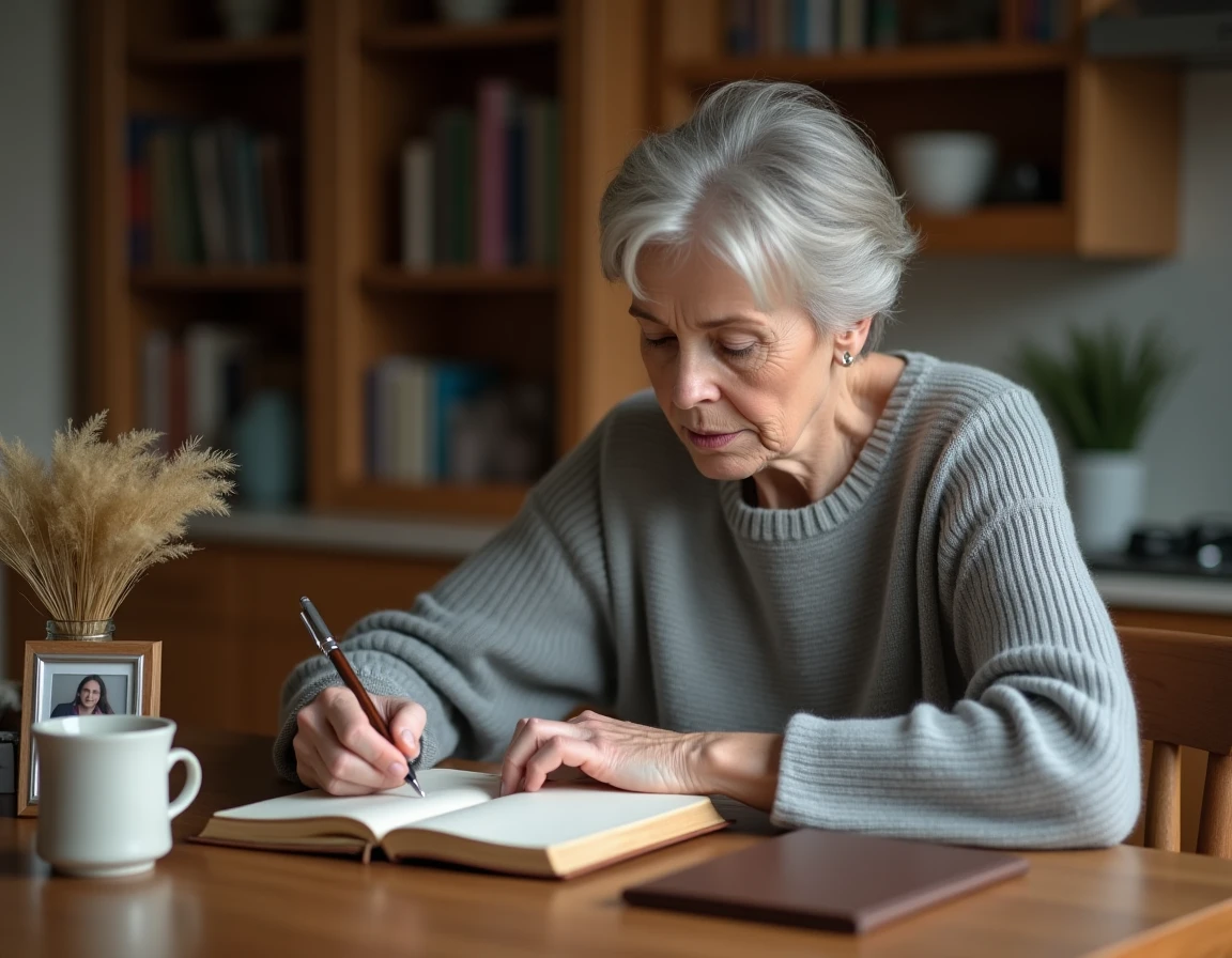 Femme écrivant dans un carnet de deuil en cuir posé sur une table en bois, entouré de fleurs séchées et d'une photo encadrée