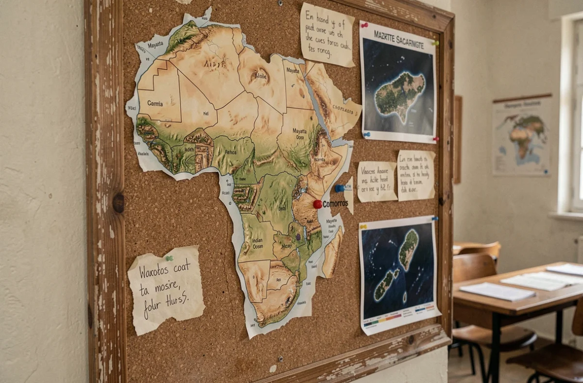 Carte physique de l'Afrique avec épingle rouge marquant la position de Mayotte dans l'océan Indien