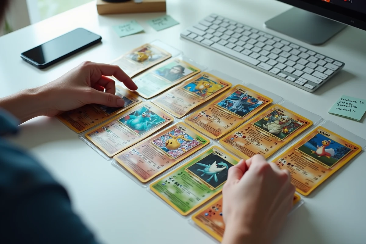 Mains triant des cartes Pokémon gradées en slabs pour évaluer leur valeur de revente en ligne