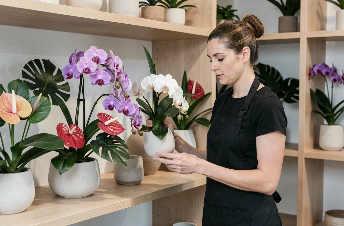 Studio floral Cattleya à Toulouse avec arrangements d'orchidées exotiques dans des vases en céramique minimaliste