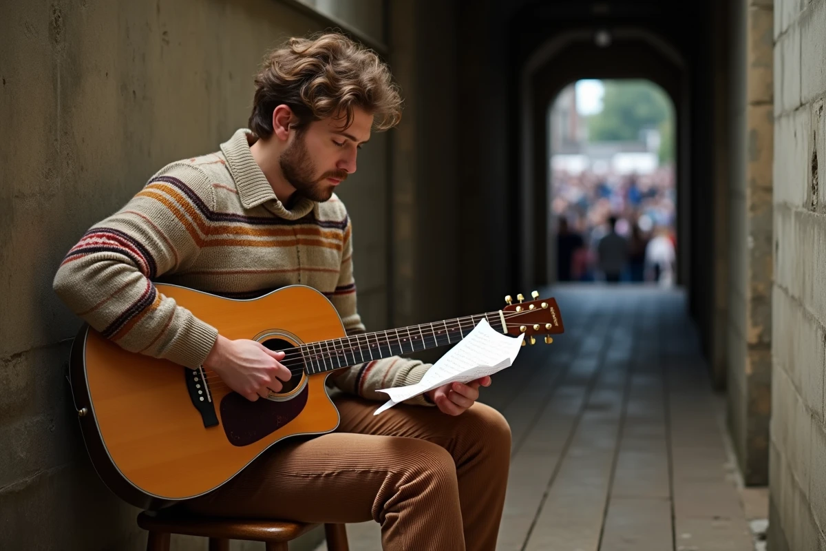 Chanteur compositeur anglais des années 70 en coulisses avec guitare acoustique et paroles manuscrites
