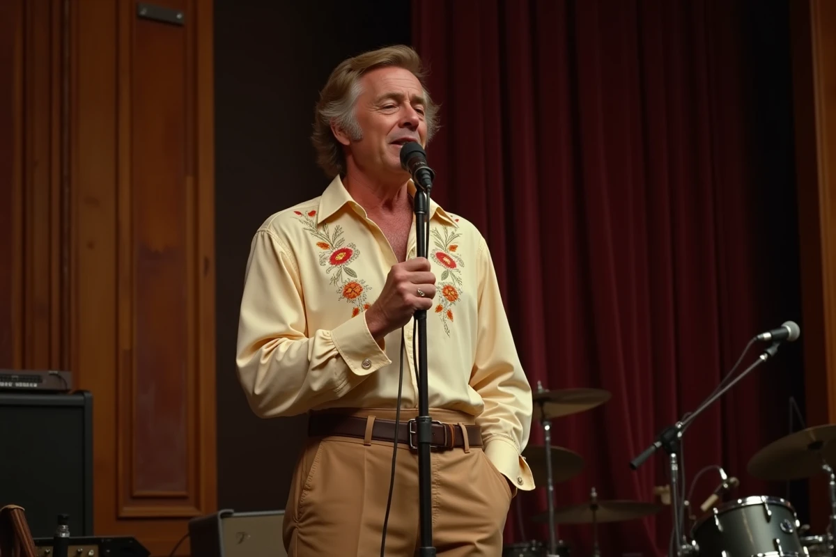 Chanteur solo anglais des années 70 sur scène dans une tenue iconique à col large et pantalon pattes d'éléphant