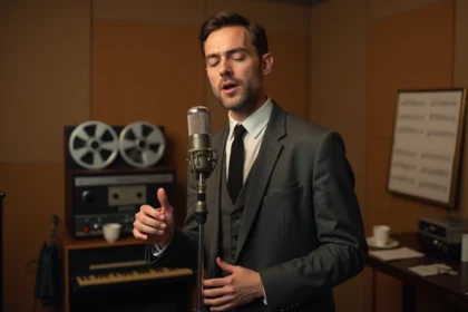 Chanteur français des années 60 enregistrant dans un studio analogique vintage avec magnétophone à bobines