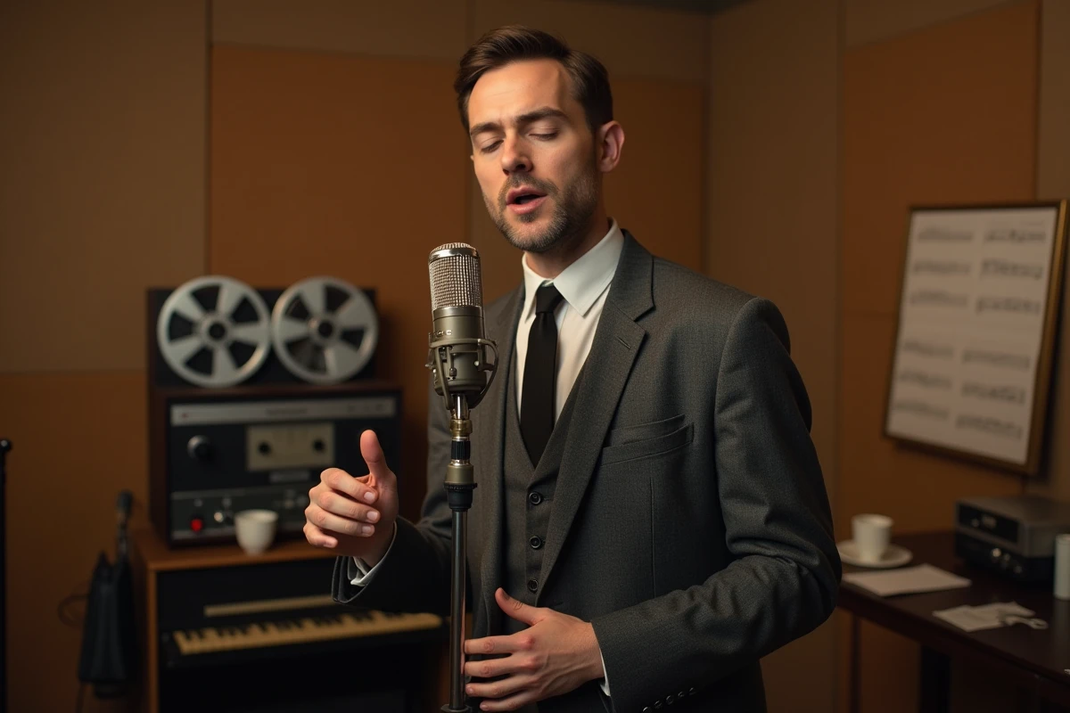 Chanteur français des années 60 enregistrant dans un studio analogique vintage avec magnétophone à bobines