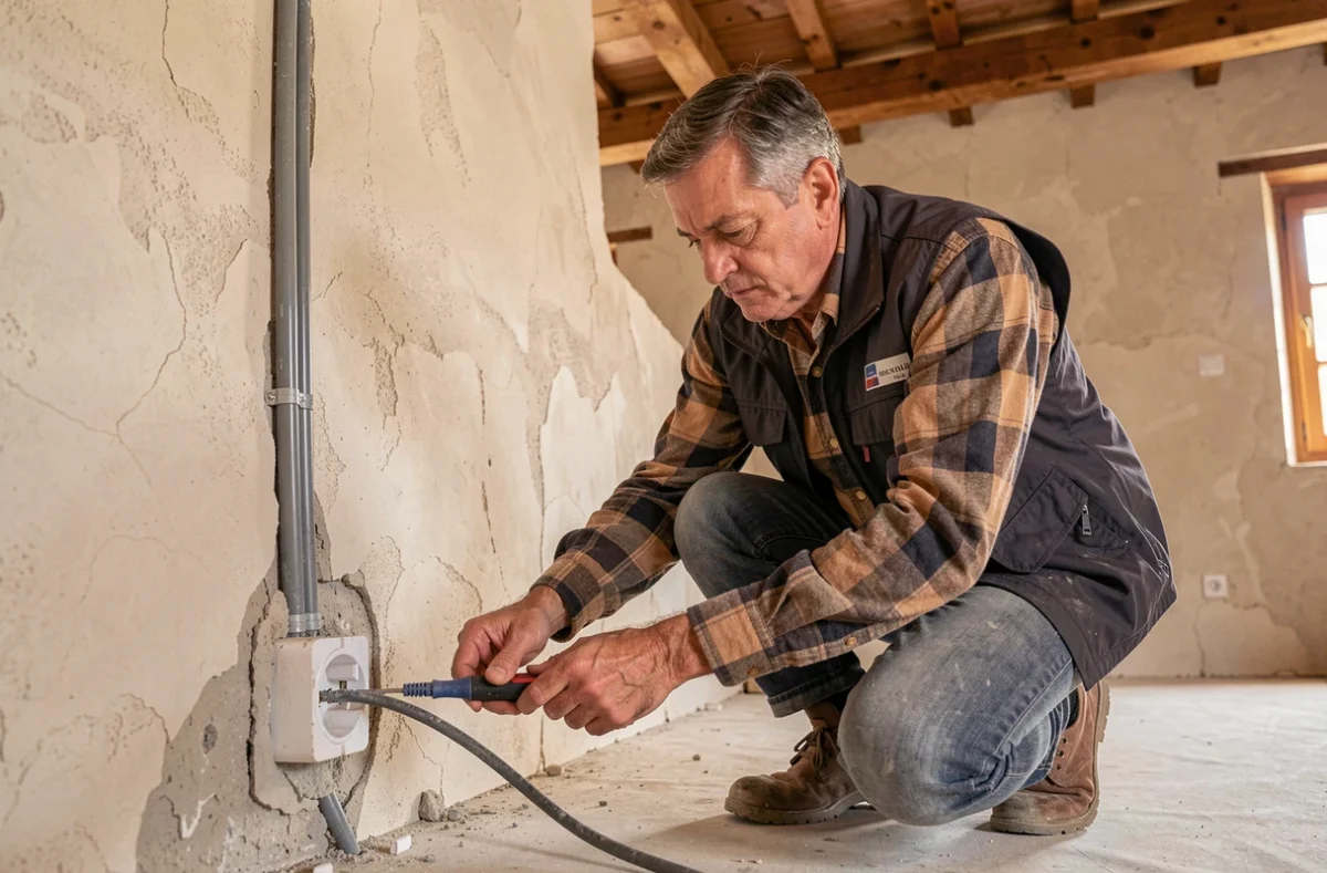 Charre Michel, électricien, posant une prise de sol dans une maison rénovée en Ardèche