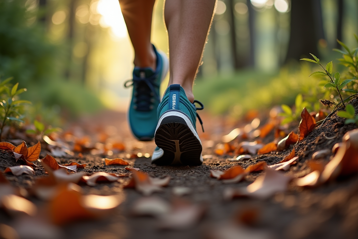 Pieds en chaussures de sport sur un sentier forestier