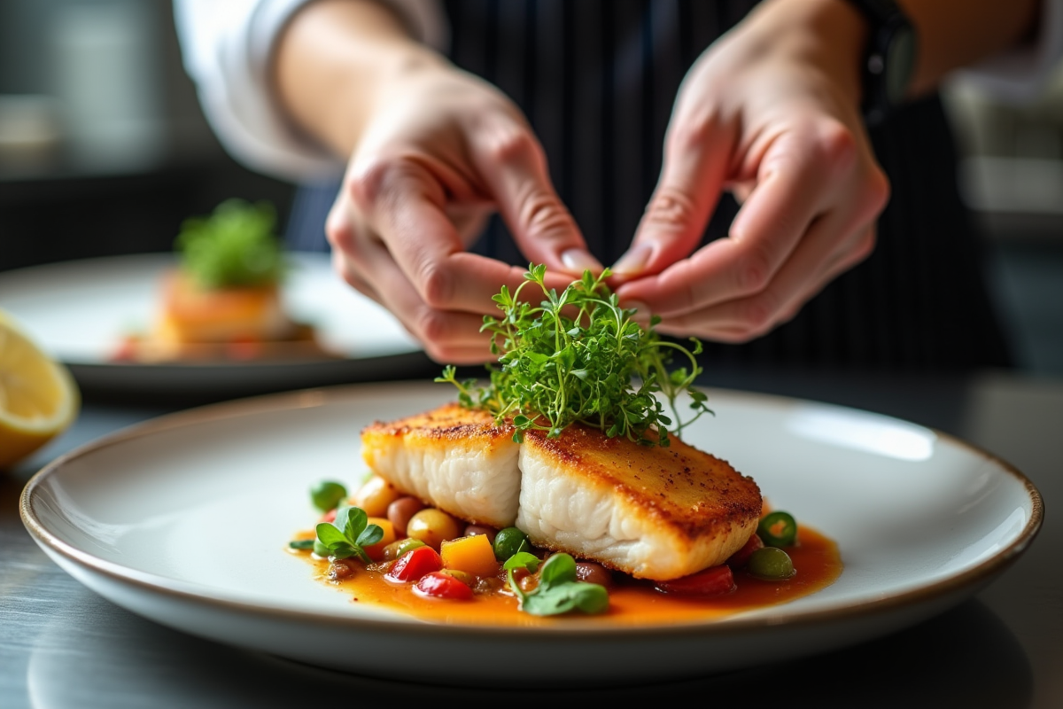 Chef dressant un filet de mer avec microgreens dans une cuisine moderne