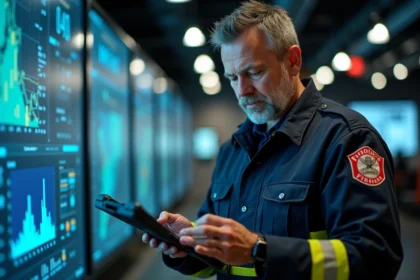 Pompier homme en uniforme moderne utilisant une tablette dans le centre de commandement