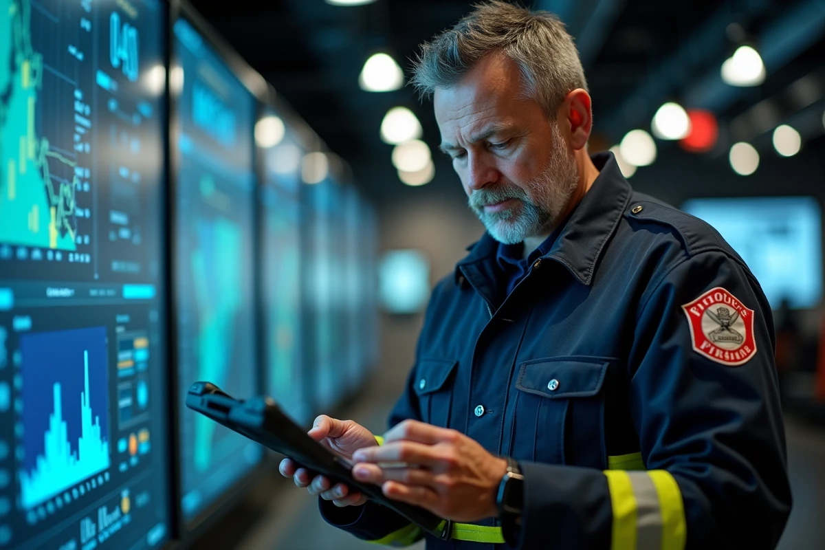 Pompier homme en uniforme moderne utilisant une tablette dans le centre de commandement