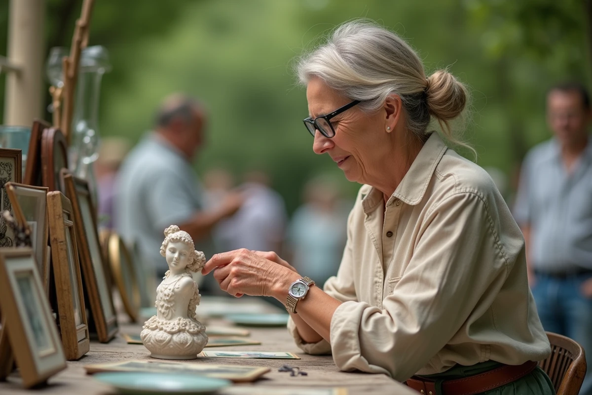 Femme examinant une figurine en porcelaine ancienne sur un étal de vide grenier en plein air dans l'Ain